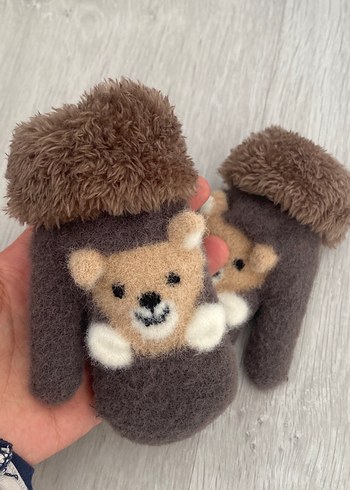 Kız Çocuk Kahverengi Nakışlı Kürklü Eldiven - Görsel 2