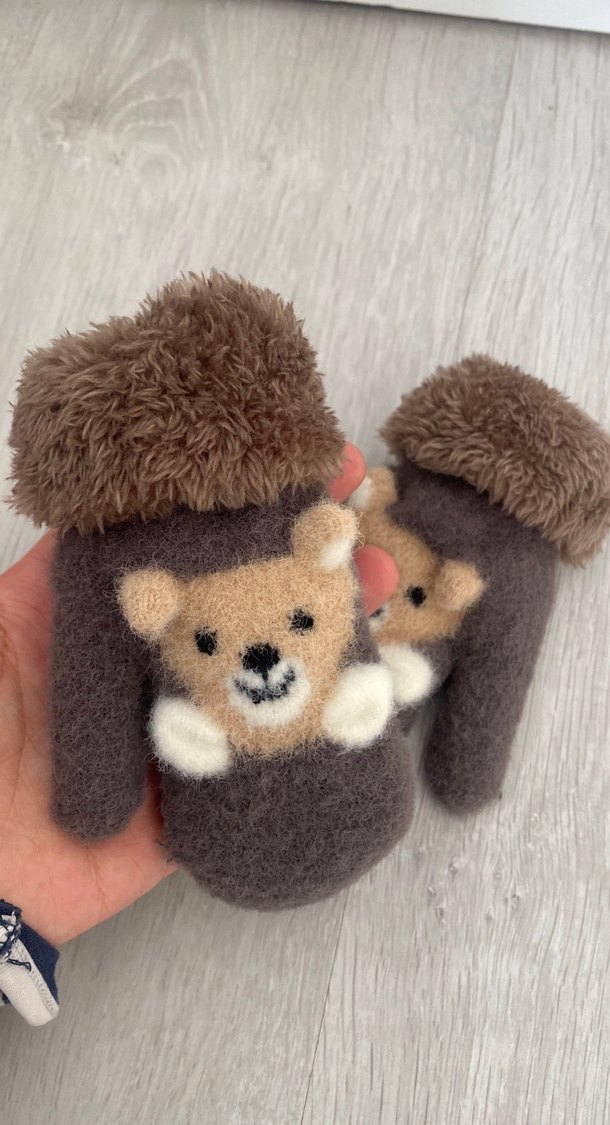 Kız Çocuk Kahverengi Nakışlı Kürklü Eldiven - Görsel 2