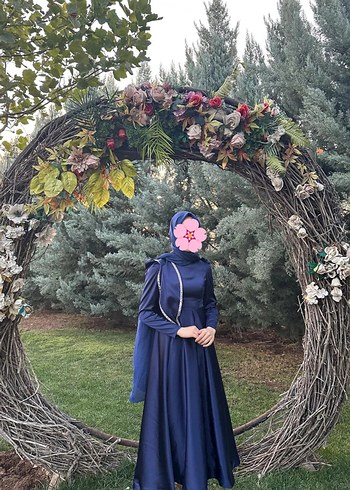 Uzun Kollu Lacivert Gotik Abiye Elbise