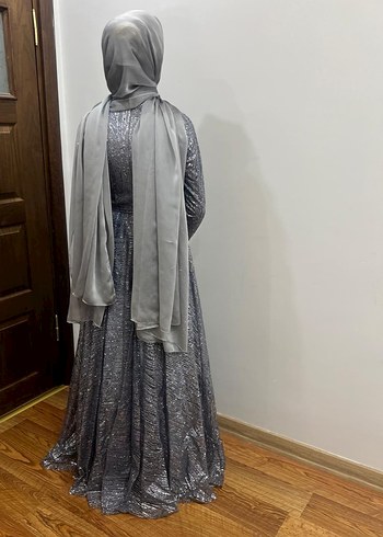 38 Beden Gri Uzun Kollu Drapeli Kadın Abiye Elbise
