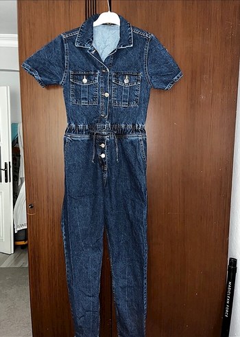 38 Beden Kadın Lacivert Kısa Kollu Denim Tulum