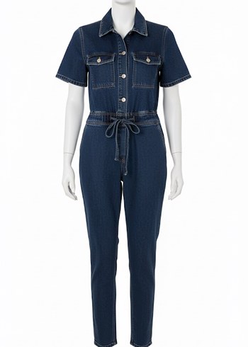 Kadın Lacivert Kısa Kollu Denim Tulum