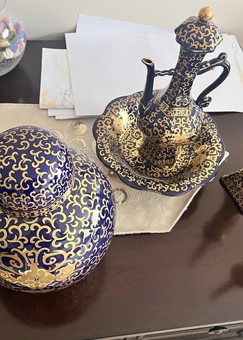 Koyu Altın Desenli Koyu Mavi Set Güral Porselen - Görsel 7