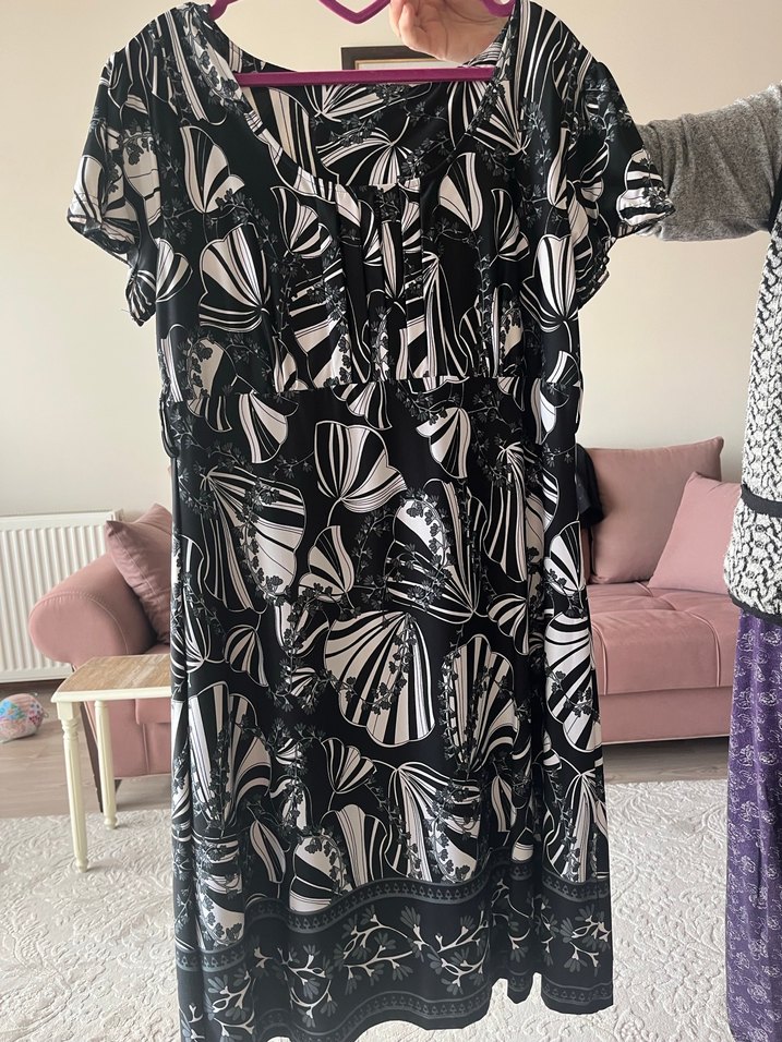 Önü Drapeli Siyah Beyaz Bağlama Desenli Hamile Tunik - Görsel 3