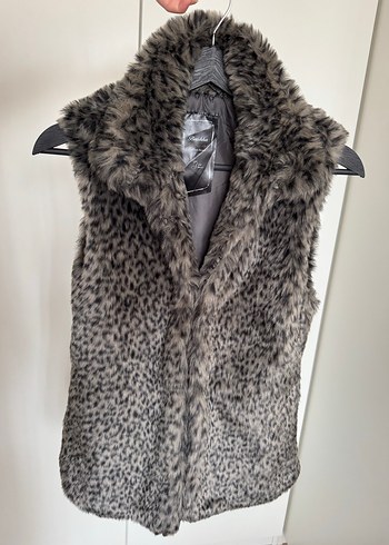 Gri Leopar Desenli Kürk Detaylı Kadın Yelek
