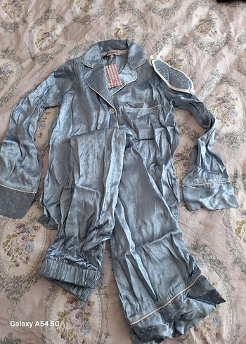 mavi Uzun Kollu Kadın Pijama Takımı Midi Boy