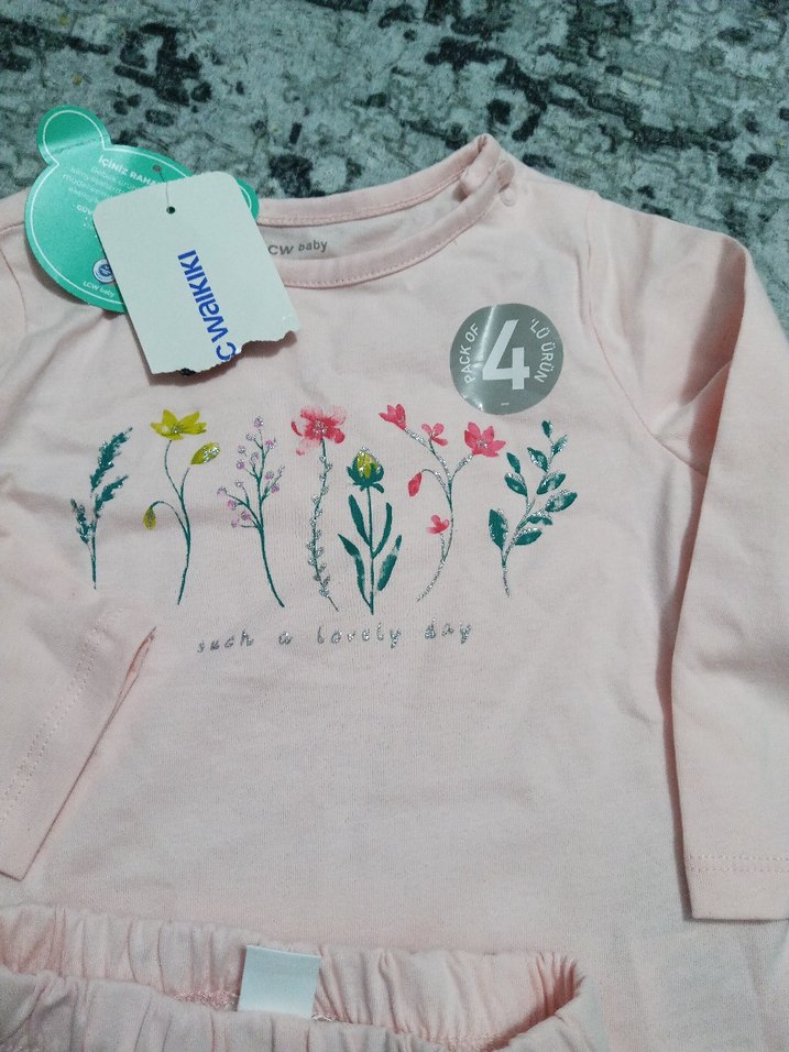 simli nakışliPembe Bebek Kız Takımı Uzun Kollu etiketli - Görsel 2