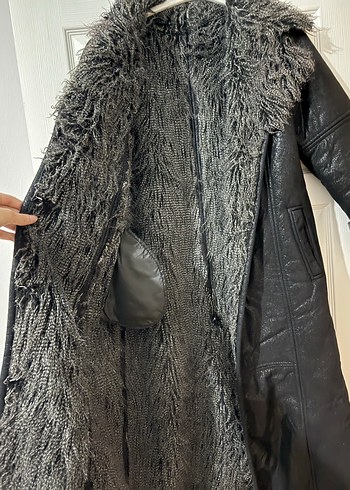 Siyah Süet Kürklü Uzun Kadın Kaban - Görsel 3