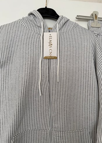 Gri Çizgili Kadın Keten Eşofman Takımı - Görsel 4