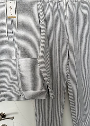 Gri Çizgili Kadın Keten Eşofman Takımı - Görsel 5