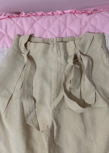 Zara Bej Keten Beli Bağlamalı Geniş Kesim Pantolon