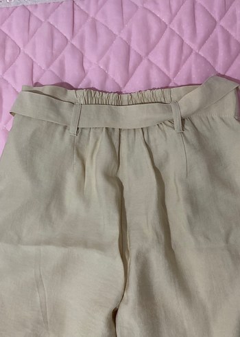9 Yaş Beden Bej Keten Beli Bağlamalı Geniş Kesim Pantolon