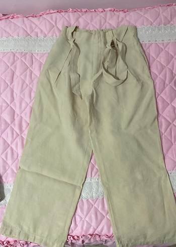 Bej Keten Beli Bağlamalı Geniş Kesim Pantolon