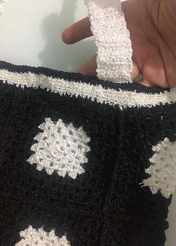 Siyah Beyaz Kareli Örgü Kadın Çanta - Görsel 5