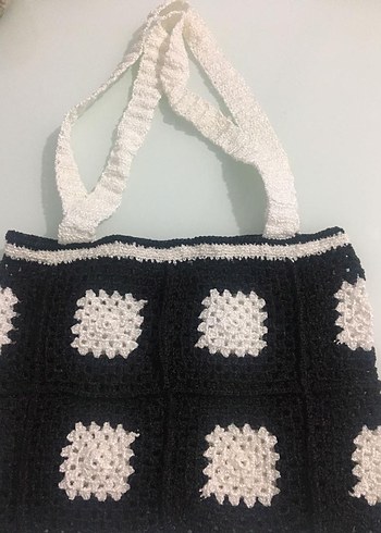 Siyah Beyaz Kareli Örgü Kadın Çanta - Görsel 4