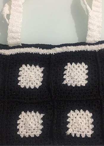 Siyah Beyaz Kareli Örgü Kadın Çanta - Görsel 6