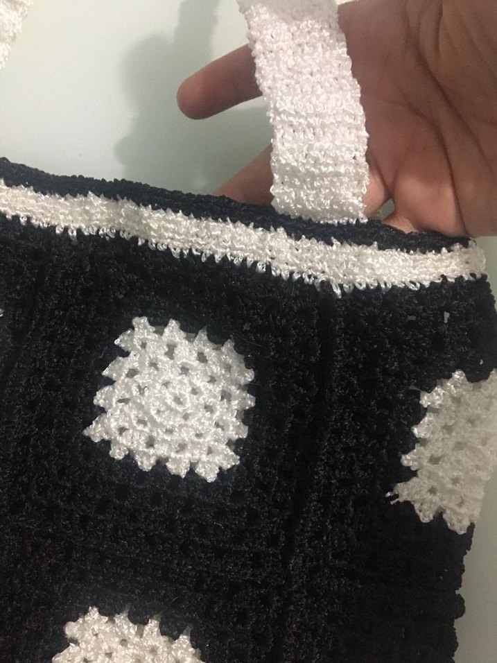 Siyah Beyaz Kareli Örgü Kadın Çanta - Görsel 5