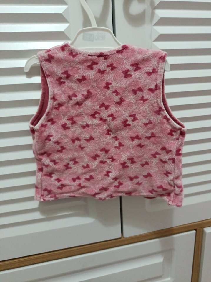 Kız Çocuk Pembe Düğmeli kadife Yelek - Görsel 2