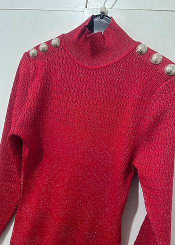 Kırmızı Uzun Kollu Triko Kadın Elbise - Görsel 2