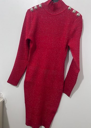 Kırmızı Uzun Kollu Triko Kadın Elbise - Görsel 3