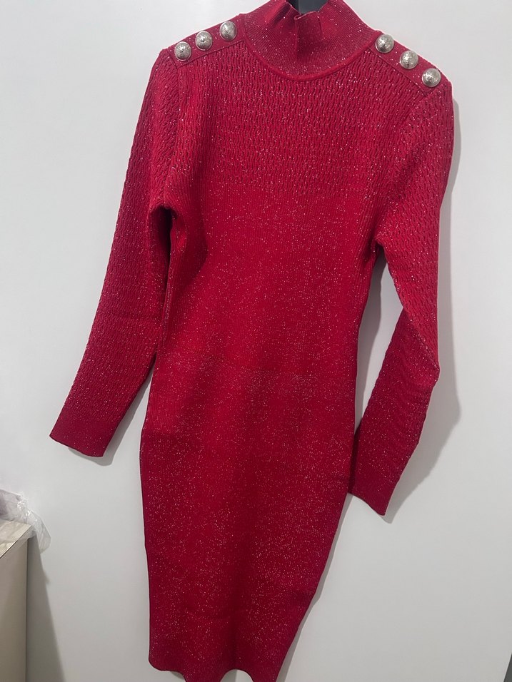 Kırmızı Uzun Kollu Triko Kadın Elbise - Görsel 3
