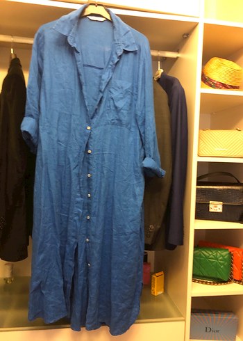 Mavi Uzun Düğmeli Keten elbise yada tunik - Görsel 2