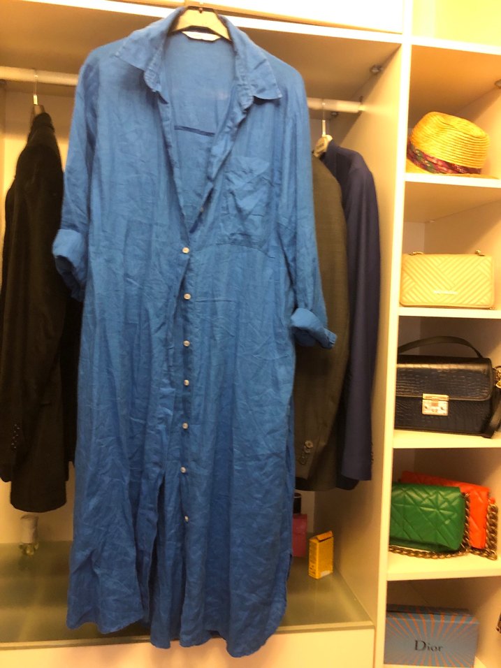 Mavi Uzun Düğmeli Keten elbise yada tunik - Görsel 2