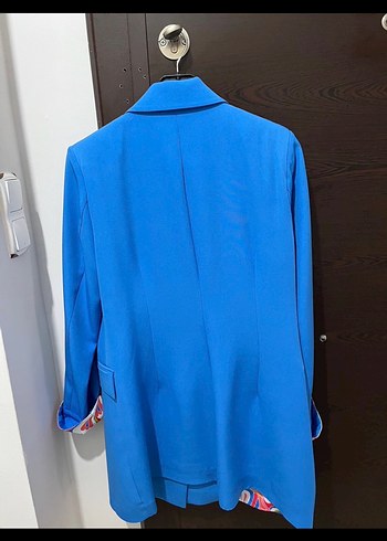 Renkli Desenli Mavi Uzun Kadın Blazer - Görsel 2