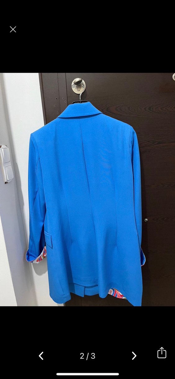 Renkli Desenli Mavi Uzun Kadın Blazer - Görsel 2