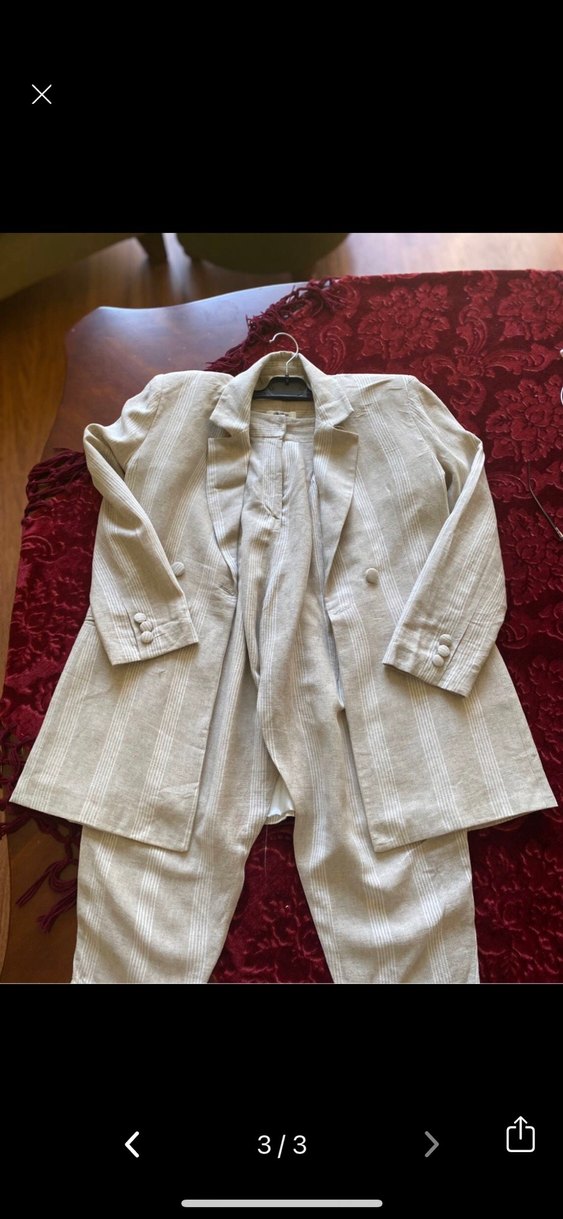 Bej Kadın Uzun Kesim Keten Blazer Ceket Takım - Görsel 2