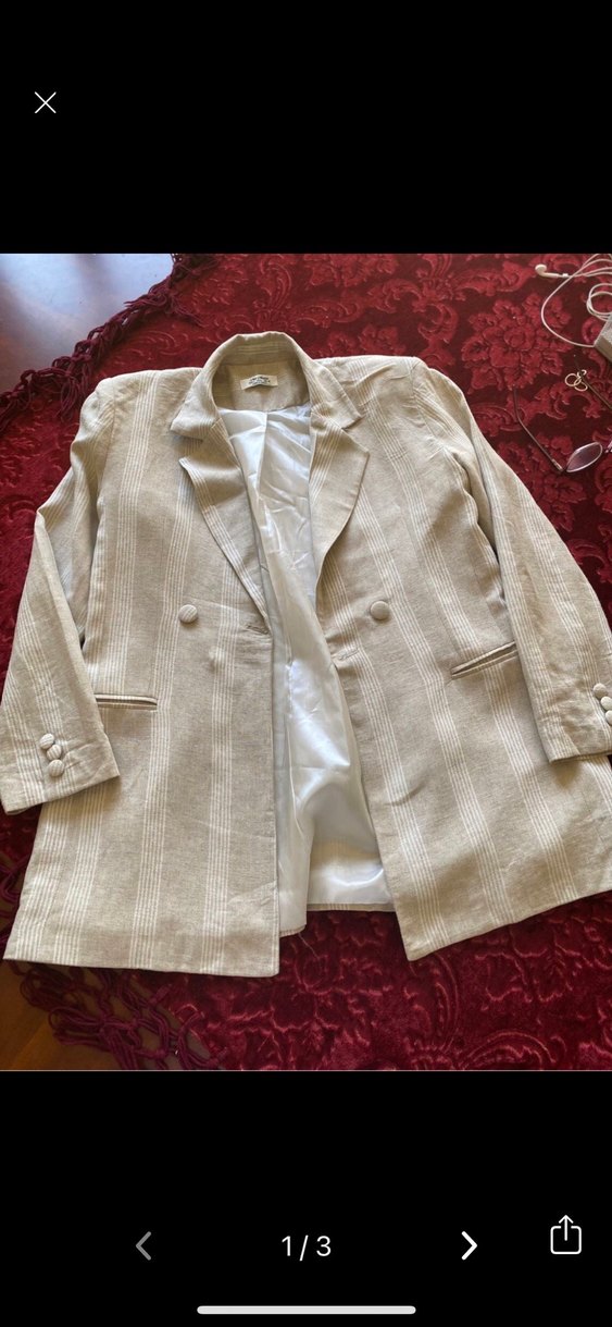 Bej Kadın Uzun Kesim Keten Blazer Ceket Takım - Görsel 4