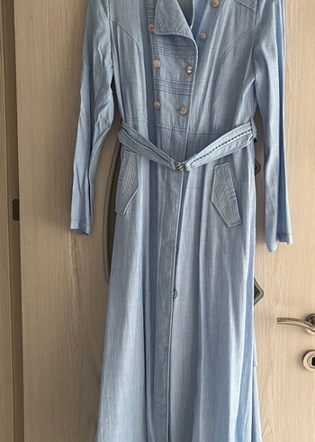 Düğmeli Uzun Mavi Denim Kadın Elbise