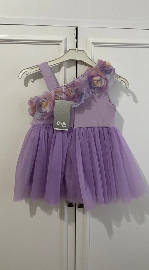 Mor Çiçekli Kız Çocuk Abiye Elbise - Görsel 2