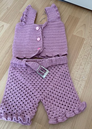 El örgüsü Düğmeli Pembe Bebek Kız Takımı - Görsel 2