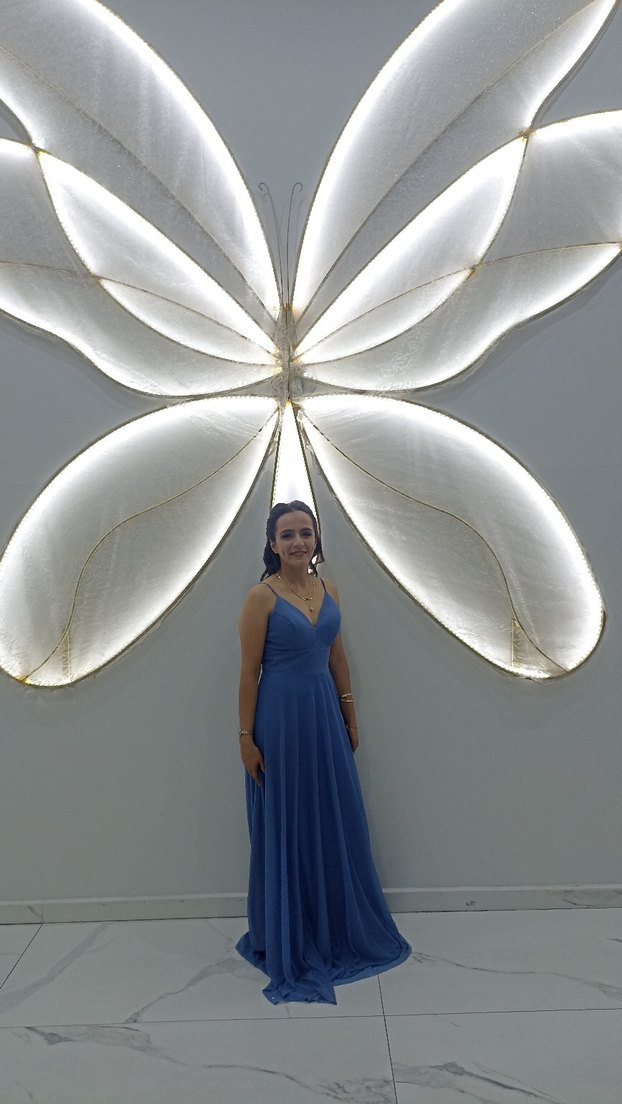 Mavi Uzun Drapeli V Yaka Kadın Abiye - Görsel 2