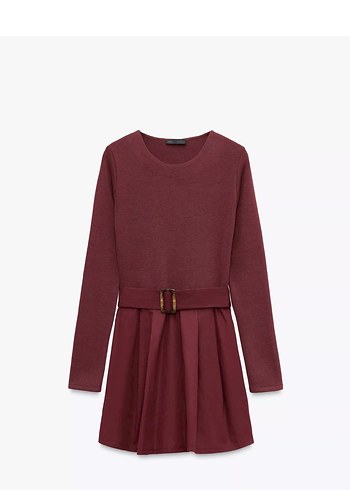 Bordo Kemerli Midi Kadın Elbise