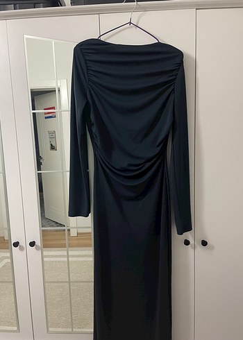 ZARA Lacivert Drapeli Uzun Kollu Uzun Elbise