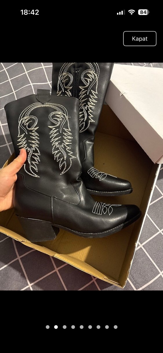 Nakışlı Siyah Deri Dizüstü Bot kovboy çizmesi - Görsel 2