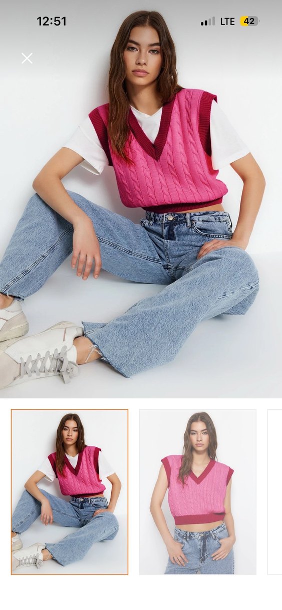 Pembe V Yaka Örgü Kadın Süveter - Görsel 2