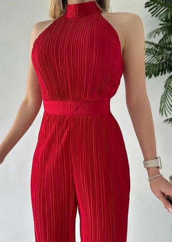 Kırmızı Pilili Uzun Kadın Tulum - Görsel 4