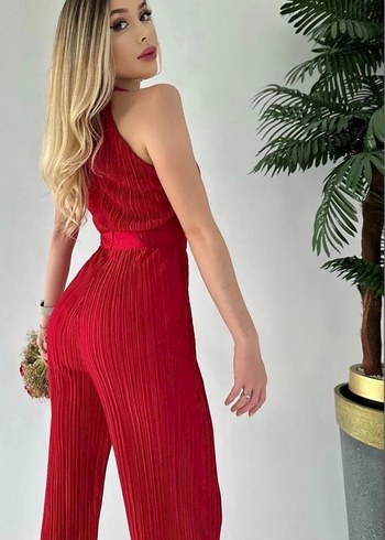 Kırmızı Pilili Uzun Kadın Tulum - Görsel 2