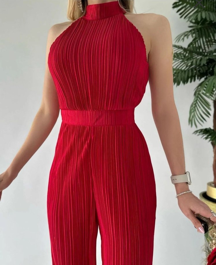 Kırmızı Pilili Uzun Kadın Tulum - Görsel 4