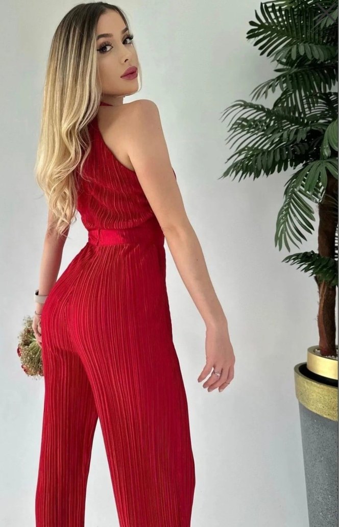 Kırmızı Pilili Uzun Kadın Tulum - Görsel 2