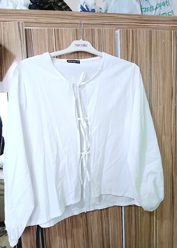 Baglama detaylı ipli gömlek beyaz kadın - Görsel 2