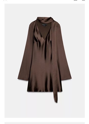 Kahverengi V Yakalı Saten Mini Elbise - Görsel 2