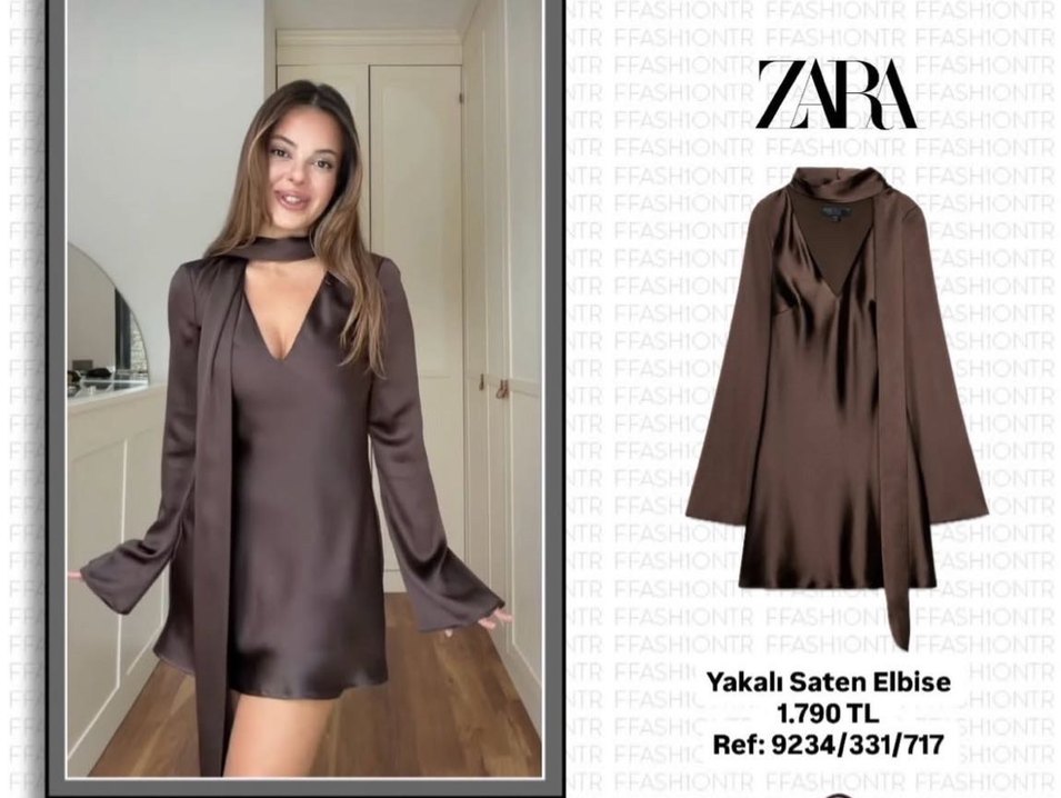 Kahverengi V Yakalı Saten Mini Elbise - Görsel 3