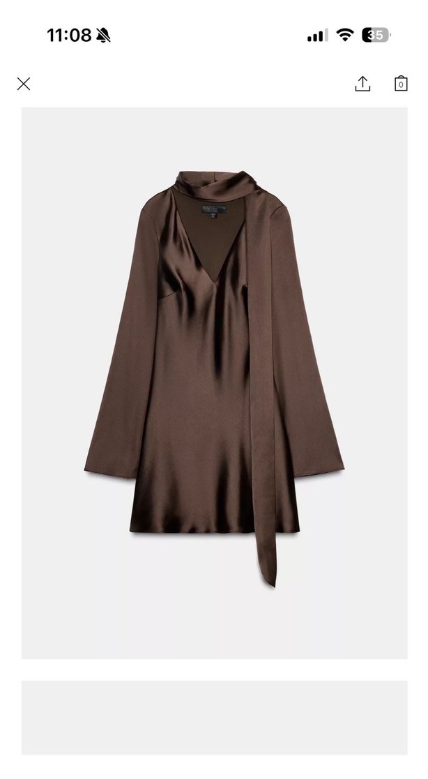 Kahverengi V Yakalı Saten Mini Elbise - Görsel 2