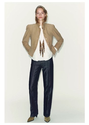 Bej Süet Düğmeli Kadın Ceket - Görsel 3