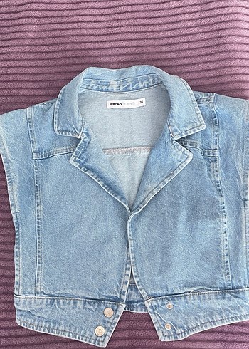 Düğmeli Kolsuz Mavi Denim Ceket - Görsel 2