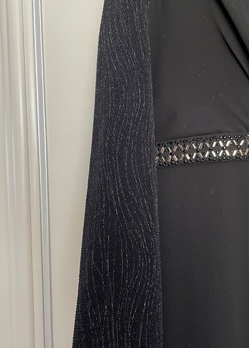 Uzun Kollu Siyah Drapeli Kadın Abiye Elbise - Görsel 4